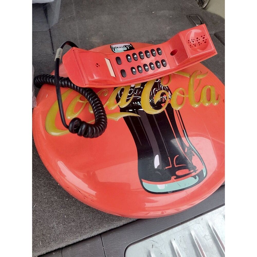Coca-Cola Button Sign Novelty Telephone Red Disc Corded Push Button Used Works!